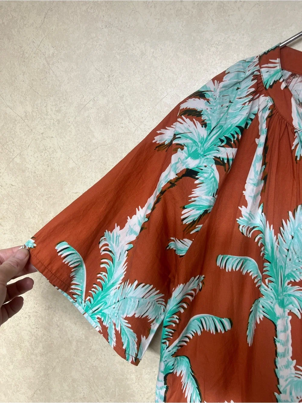 Oliphant pocket mini dress puff sleeves in Cartagena brown palm trees - Picture 9 of 13